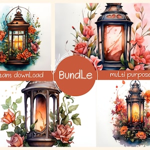 Watercolor Boho Lantern Illustration Bundle, Digital Designs, Junk Journals, Printable Art Prints, Collage, Sublimation, Multi-Use, Bundle