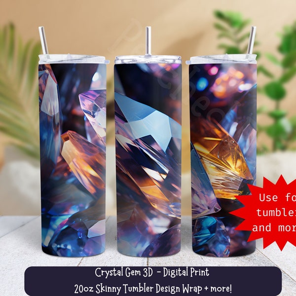 Crystal Gems 3D 20oz Sublimation Tumbler Design, Seamless Pattern, Straight Skinny Tumbler Wrap, Geometric, PNG, JPG, Instant Download