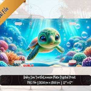 May include: A digital print of a baby sea turtle swimming in a blue ocean with coral reefs and bubbles. The print is 12 inches by 6 inches and is a PNG file.