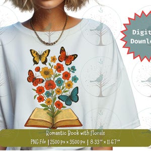 Vintage Romantyczna Książka Z Dzikimi Kwiatami Motyle PNG, Botaniczna Ilustracja Clipart, Boho Kwiatowy Motyl, Bibliotekarz, Czytelnik, Miłośnik Książek