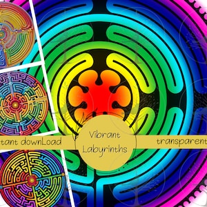 Chartres Labyrinth Maze Clipart Set, Vibrant Colorful, Chakra, Rainbow, Mediation Art, Scared Geometry, Transparent, Digital Art, .PNG Files