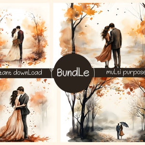 Watercolor Fall in Love Wedding Bundle, Digital Print, Commercial Use, Couple, Digital Print, Invites, Instant Download, Multi-Use, 4 JPGS