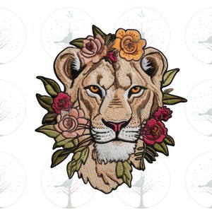 May include: Embroidered lion head patch with a floral crown. The lion has a light brown face with orange eyes and a pink nose. The crown is made of pink, red, and yellow flowers.
