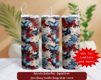 Patriotic Butterflies Tumbler Wrap, Red White Blue, 20oz Skinny (Digital Art File)