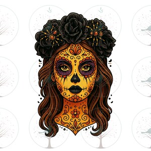 Dia De Los Muertos PNG, Sugar Skull Face Illustration, Mexican Pop Art, Folk Flash Art Tattoo Design, Halloween Print, Floral Crown Portrait