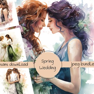 Aquarell zwei Frauen, Gay Paar Hochzeit Bundle, Digitaldruck, Frühling, zwei Bräute, Stolz, Ehe, Verlobung einladen, Sofort Download