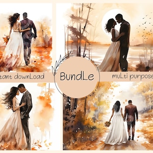 Watercolor Scenes of Fall Wedding Bundle, Digital Print, Commercial Use, Couple, Digital Print, Invites, Instant Download, Multi-Use, 4 JPGS