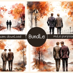 Acuarela de boda gay PNG, clipart de pareja del mismo sexo, escena de bosque otoñal, ilustración de novios LGBTQ, impresión artística romántica de la mano