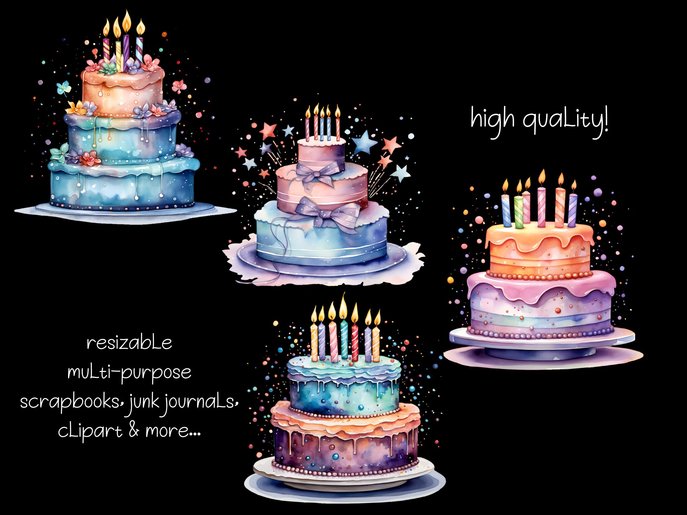 Birthday Party Cake Watercolor Clipart, Junk Journals, Digital PNG ...
