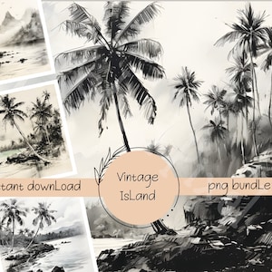 Scene d'epoca dell'isola di Moorea, schizzi seppia, stampe artistiche digitali di case sulla spiaggia, viaggi retrò, palme, download immediato, pacchetto PNG di 4