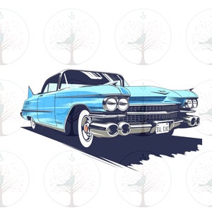 60er Jahre Stil Retro Blau Cadillac PNG, Oldtimer Sublimationsdatei, T-Shirt-Design, schnelles Auto Clipart, Mehrzwecknutzung, digitales Design Download