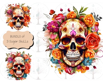 Clipart Dag van de Dode suikerschedel, png-bloemmotieven (digitale download)