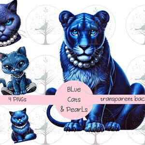 May include: Four digital images of blue cats with pearl necklaces. The cats are a lion, a tabby, and two kittens. The images have a transparent background.