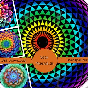 May include: A colorful, geometric mandala design with a black background and a rainbow of colors. The mandala is made up of triangles and circles. The text "Neon Mandalas" and "transparent" is visible at the bottom of the image.