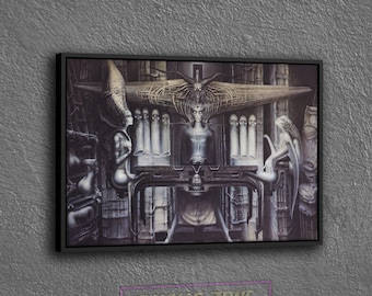 May include: A surrealist painting in a black frame depicts a scene with multiple figures in a futuristic setting. The figures are humanoid with elongated limbs and heads. The scene is dominated by a central figure with a crown of thorns and a long, flowing robe. The painting is rendered in shades of gray and white, creating a sense of mystery and intrigue.