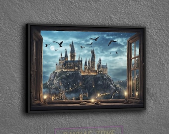 The View of Wizard Academy at Midnight Canvas, Movie Series Canvas, Fantasy Movie Canvas Wall Art, Wizard School Printed Canvas Wall Decor