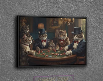 Gambling Cats Canvas, Cats Playing Poker Canvas Poster, Cats Table Game Playing Canvas, Cats Playing Poker Art, Anthropomorphic Cats Canvas