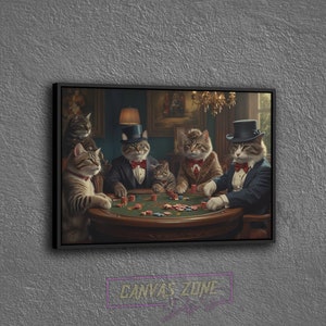 Tela de gatos de jogo, pôster de tela de gatos jogando pôquer, tela de jogo de mesa de gatos, arte de gatos jogando pôquer, tela de gatos antropomórficos