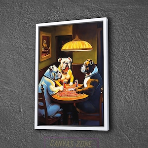 Cães jogando pôquer pôster em tela, buldogues bebendo e jogando tela, buldogues jogando pôquer decoração de parede, tela de arte de cães antropomórficos