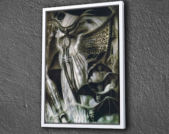 May include: A framed black and white surrealist painting depicting a skeletal figure with wings, surrounded by other figures and abstract shapes.