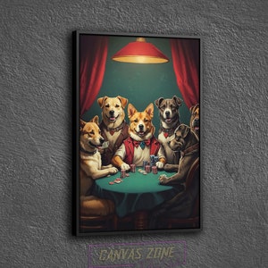 Perros jugando al cartel de lienzo de póquer, animales bebiendo y jugando lienzo, decoración de la pared del póquer de animales, lienzo de arte de perros antropomórficos
