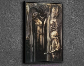 May include: A surrealist painting in a black frame depicts a group of skeletal figures with intricate details. The figures are rendered in shades of gray and brown, creating a haunting and otherworldly atmosphere.