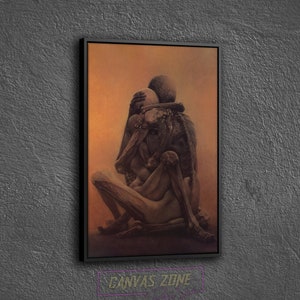 Skeleton Couple Painting Canvas, Painting of Zdzislaw Beksinski Wall Decor, Surreal Painting Wall Art, Surreal Art Printed Canvas