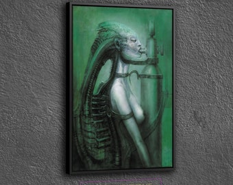 May include: A digital painting of a woman with a green, biomechanical body and a large, cylindrical object. The woman is wearing a silver choker and has a green background.