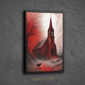 The Church and Goat Painting Canvas, The Church Painting Canvas Wall Decor, Surreal Painting Wall Art, Surreal Art Printed Canvas