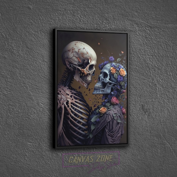 Skeleton Couple Canvas, Skeleton Lovers Kiss, Hugging Couple Skull