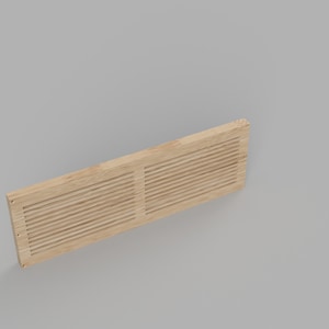May include: A rectangular wooden vent cover with horizontal slats. The vent cover is light brown and has a natural wood finish.