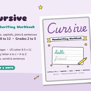 Cursive Handwriting Workbook Printable, Cursive Practice Sheets for Kids, Letters A-Z, Joins, Words, Sentences, 3rd Grade Homeschool