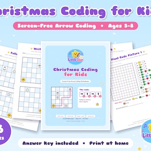 Schede di programmazione natalizie per bambini, attività di programmazione senza schermo, matematica natalizia per la scuola dell'infanzia e la prima elementare, materiale stampabile per la programmazione senza dispositivi elettronici.