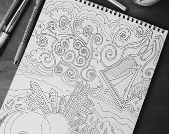 May include: Black and white illustration on a spiral-bound sketchbook, featuring a cityscape, clouds, and swirling patterns. Several pens and a coffee cup are arranged around the sketchbook on a wooden surface.