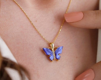 18K Gold Minimalist Butterfly Necklace, Dainty Butterfly Jewelry, Colorful Butterfly Pendant, Lucky Butterfly Necklace, Birthday Gift