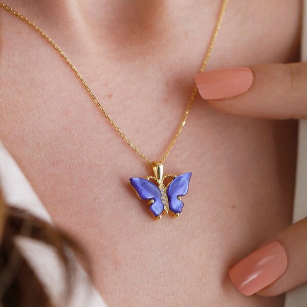 18K Gold Minimalist Butterfly Necklace, Dainty Butterfly Jewelry, Colorful Butterfly Pendant, Lucky Butterfly Necklace, Birthday Gift