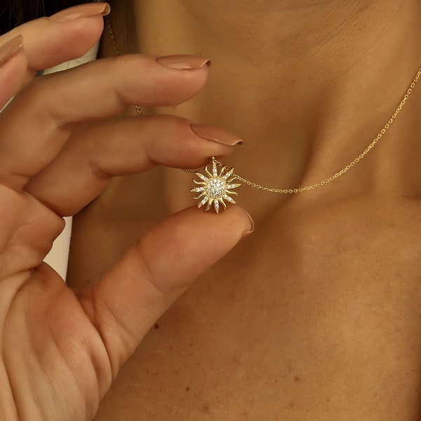 Collar de sol, colgante de sol pavimentado, collar de sol, mini joyería de sol, collar de rayos de sol de plata de ley, regalo para mujeres, regalo del Día de las Madres