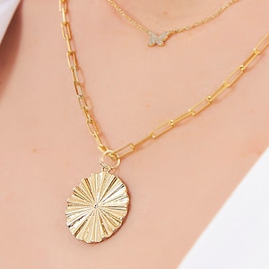 925K Sterling Silver Medallion Necklace, Paperclip Chain with Medallion Necklace, Gold Round Pendant, Gift for Her, Birthday Gift