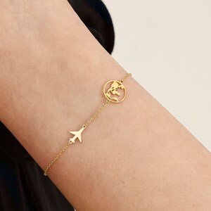18k Gold Earth and Airplane Bracelet, Bracelet for Kids, Earth Bracelet, Travel Bracelet, Travelers Jewelry, South Western, Birthday Gift