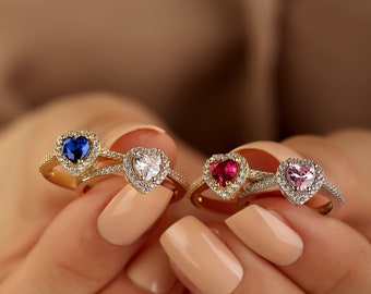 Bague coeur avec pierre de naissance délicate, bague avec pierre de naissance pour amoureux, bague avec pierre de naissance pour mère, bijoux avec pierre de naissance, bague personnalisée, cadeaux pour mère