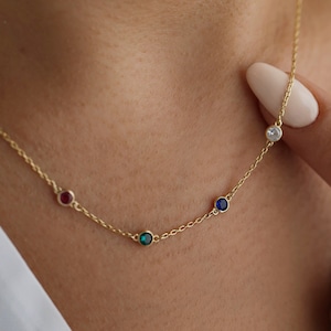 18K Gold Personalized Birthstone Necklace, Multi-Stone Birthstone Jewelry, Special Colored Stone Necklace, Christmas Gift, Gift for Her