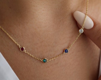 18K Gold personalisierte Geburtsstein-Halskette, Multi-Stein-Geburtsstein-Schmuck, besondere farbige Stein-Halskette, Weihnachtsgeschenk, Geschenk für Sie