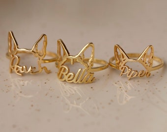 Dog Name Ring, Personalized Dog Ears Ring, Custom Pet Jewelry, Pet Name Ring, Pet Memorial Gift, Dog Head Ring with Name, Gift for Her
