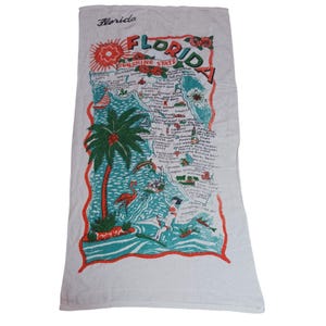 Jaren '50 Vintage Badhanddoek Souvenir Florida Kaart Attracties 54 x 30"