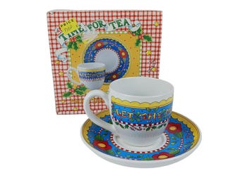 VTG  Mary Engelbreit "Let the Merrymaking Begin" Teacup & Saucer Xmas 90s Box
