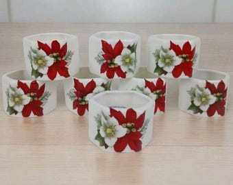 Sandford Fine Bone China Set of 8 Poinsettia Napkin Rings England EUC Christmas