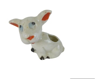 Vintage Ceramic Match Stick Toothpick Holder White Dog Terrier Lamb Japan