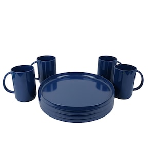 Oblique PMC Melmac Melamine Dinner Plates & Mugs Stackable cobalt blue set of 8  70&#39;s MCM