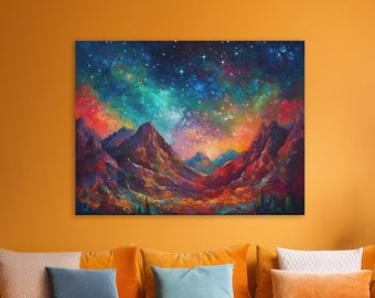 Colorful Starry Sky Canvas Print | Abstract Night Sky Painting | Starry Landscape Wall Art