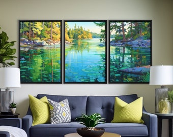 Lake View Canvas Print | 3 Panel Wall Art |  | River Cabin Decor | Lake House Decor | Nature Wall Art